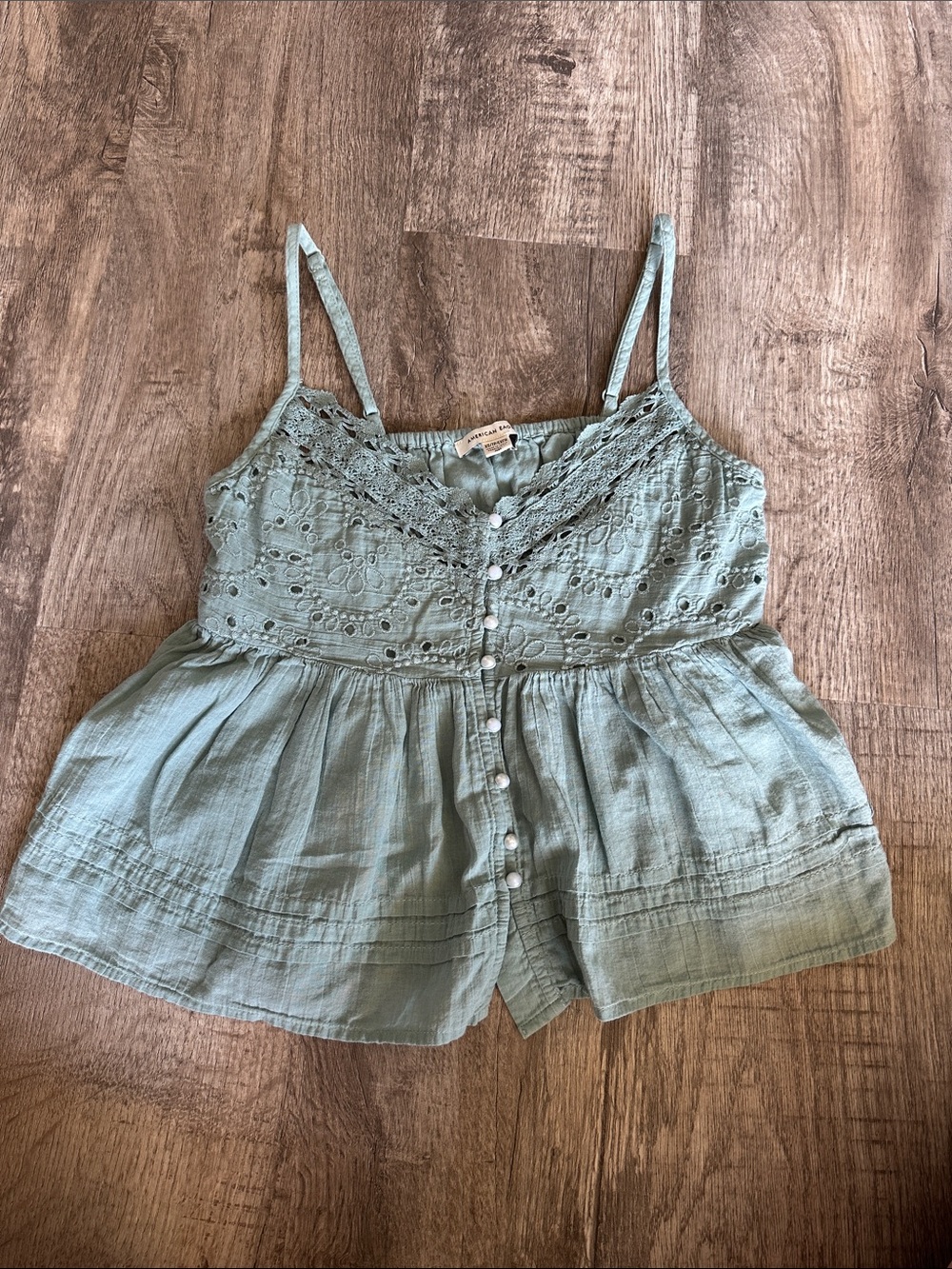 Boho Eyelet Button-Front Spaghetti Tank Top